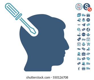 Head Surgery Screwdriver icon with free bonus pictures. Vector illustration style is flat iconic symbols, cyan and blue colors, white background.