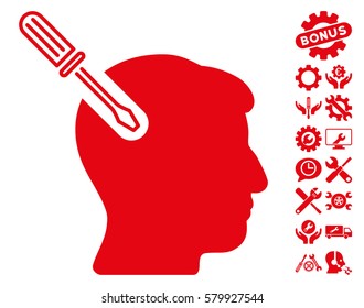 Head Surgery Screwdriver pictograph with bonus options pictograph collection. Vector illustration style is flat iconic red symbols on white background.