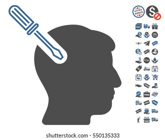 Head Surgery Screwdriver pictograph with free bonus design elements. Vector illustration style is flat iconic symbols, cobalt and gray colors, white background.