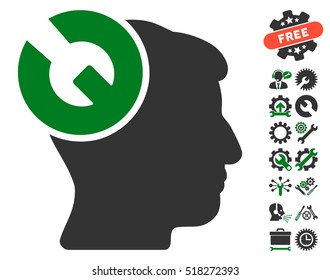Head Surgery Wrench icon with bonus service symbols. Vector illustration style is flat iconic green and gray symbols on white background.