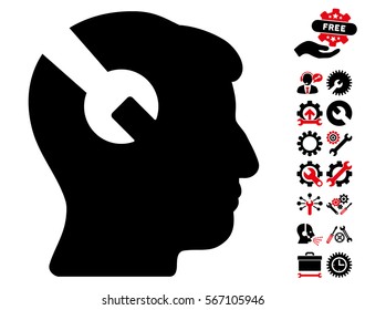 Head Surgery Wrench icon with bonus options pictures. Vector illustration style is flat iconic intensive red and black symbols on white background.