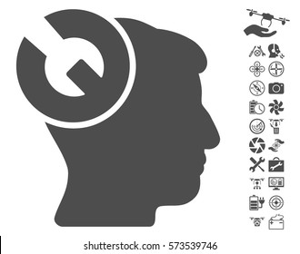 Head Surgery Wrench icon with bonus quad copter service design elements. Vector illustration style is flat iconic symbols on white background.