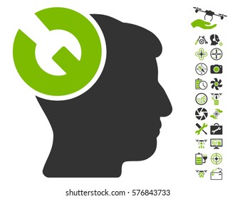 Head Surgery Wrench icon with bonus drone tools design elements. Vector illustration style is flat iconic eco green and gray symbols on white background.