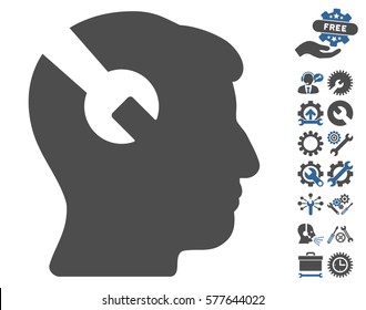 Head Surgery Wrench icon with bonus settings pictograms. Vector illustration style is flat iconic cobalt and gray symbols on white background.