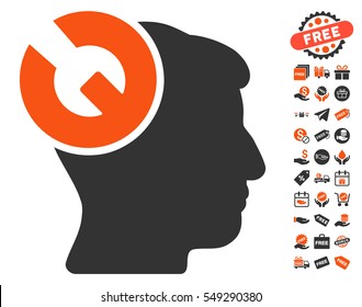 Head Surgery Wrench icon with free bonus symbols. Vector illustration style is flat iconic symbols, orange and gray colors, white background.