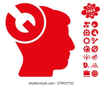 Head Surgery Wrench pictograph with bonus options pictograph collection. Vector illustration style is flat iconic red symbols on white background.