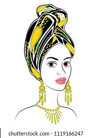 Head of the sweet lady. A bright red scarf and turban were installed on the head of an African-American girl. The woman is beautiful and stylish. Vector illustration.