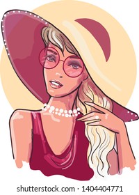 Head of a sweet lady with light long hair, big hat in fashion red blouse. The woman is beautiful and stylish vector illustration.