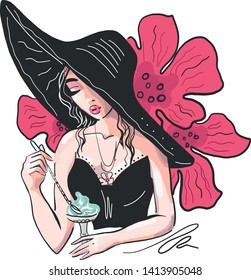 Cabeza de una dama dulce con el pelo largo ligero, sombrero grande en top negro de la moda con el helado. La mujer es hermosa y elegante Ilustración vectorial.