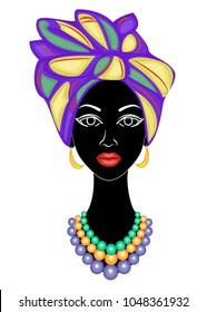 Head of a sweet lady. On the head of an African-American girl a bright purple shawl tied up, a turban. The woman is beautiful and stylish. Vector illustration.