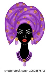 Head of a sweet lady. On the head of an African-American girl a bright purple shawl tied up, a turban. The woman is beautiful and stylish. Vector illustration.