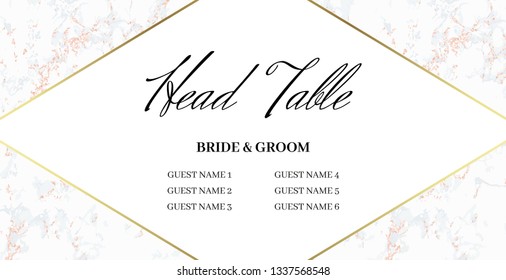 Head Table Bride and groom wedding template card of geometric design. White marble and gold geometric shape. Dimensions 9x4,5 inch. With 0,25 bleed. Seamless pattern included in palette.