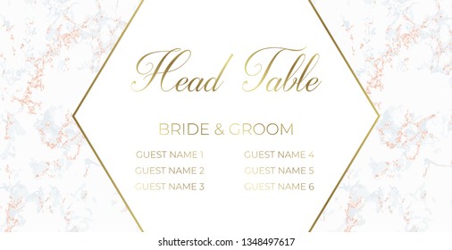 Head Table Bride and groom wedding template card of geometric design. Pink marble background and gold geometric shape. Dimensions 9x4,5 inch. With 0,25 bleed. Seamless pattern included in palette.