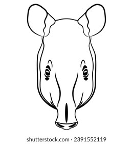 Head of tapir. Animal mask. Cartoon style. Black and white linear silhouette. Isolated vector illustration.