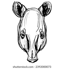 Head of tapir. Animal mask. Hand drawn linear doodle rough sketch. Black silhouette on white background.