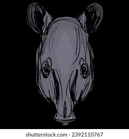 Head of tapir. Animal mask. Hand drawn colorful rough sketch. On black background.