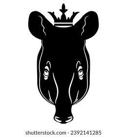 Head of tapir wearing royal crown. Funny animal design. Black and white silhouette.