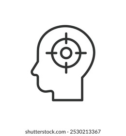 Head Target, in line design. Head target, focus on mind, goal-oriented, aim at brain, target thinking, headshot icon, precision thinking on white background vector. Head Target editable stroke icon