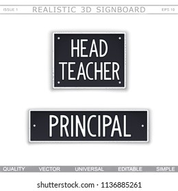 Head Teacher. Principal. Creative signboard. Stylized license plate . Top view. Vector design elements