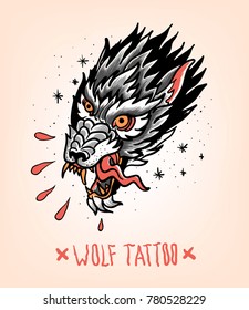 Head of Tearing Wolf in the style of Traditional tattoo. Old school.