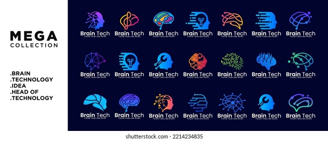 Head Tech Logo set, Pixel Head logo concept vector, brain logo, technology brain Robot Technology Logo Template design vector illustration