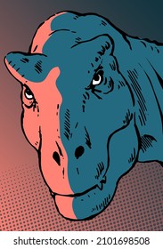 Cabeza de un terrible tiranosaurio con ojos depredadores. Animal prehistórico. Dibujo de ilustración de vectores. Estilo de arte pop