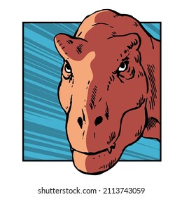 Head of a terrible tyrannosaurus with predatory eyes. Prehistoric animal. Vector pop art illustration drawing