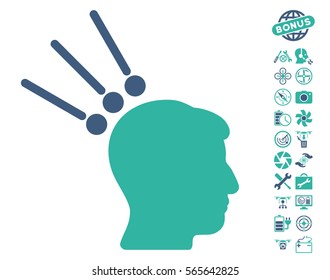 Head Test Connectors icon with bonus flying drone tools pictures. Vector illustration style is flat iconic cobalt and cyan symbols on white background.