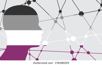 Head textured by asexual pride flag. Unconventional sexual orientation concept. Connected lines with dots