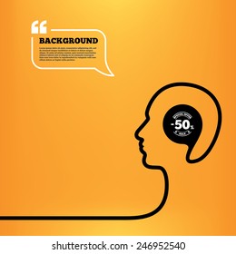 Head think with speech bubble. 50 percent discount sign icon. Sale symbol. Special offer label. Orange background with quotes. Vector