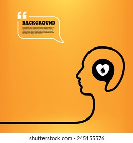 Head think with speech bubble. Blood donation sign icon. Medical donation. Heart with blood drop. Orange background with quotes. Vector