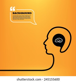 Head think with speech bubble. Brain sign icon. Human intelligent smart mind. Orange background with quotes. Vector