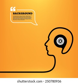 Head think with speech bubble. Cog settings sign icon. Cogwheel gear mechanism symbol. Orange background with quotes. Vector