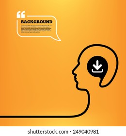 Head think with speech bubble. Download icon. Upload button. Load symbol. Orange background with quotes. Vector