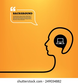 Head think with speech bubble. Laptop sign icon. Notebook pc symbol. Orange background with quotes. Vector