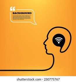 Head think with speech bubble. Wifi sign. Wi-fi symbol. Wireless Network icon. Wifi zone. Orange background with quotes. Vector