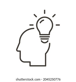 Head Thinking With Lightbulb. Vector Thin Line Icon With Person Profile Face And Bright Bulb. Inspiration Creative Idea, Solution And Innovation, Knowledge