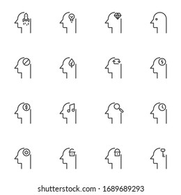Iconos de línea de pensamiento del cabezal. colección de símbolos de estilo lineal, paquete de signos de esquema. Gráficos vectoriales de mente humana. Set incluye iconos como inteligencia humana, pensamiento creativo, control de tiempo, lluvia de ideas