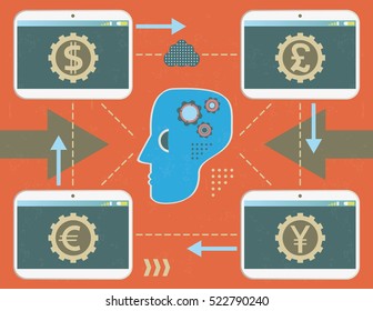 Head thinking in virtual currency exchange in tablets, concept with infographics elements and grunge texture.