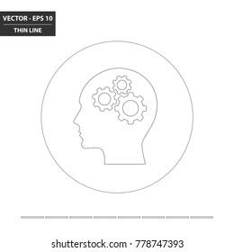 Head And Three Cogs Thin Line Flat Icon. Vector Illustration.