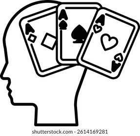 A head with three playing cards on top of it