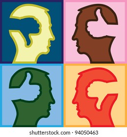 head with thumbd up and thumbs down - illustration