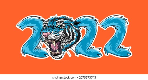 Head tiger 2022 sticker illustration style graffiti. Numbers stylized as a tiger's fur Hand drawn art vector. 