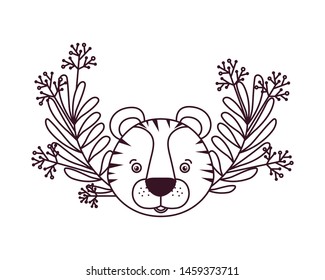 head of tiger with branch and leaves of background