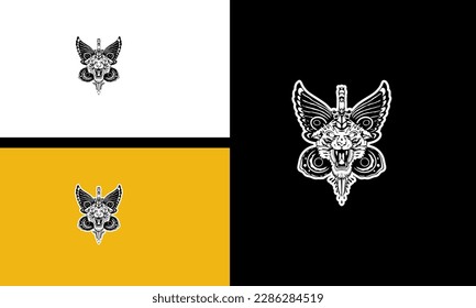 head tiger and butterfly vector line art design