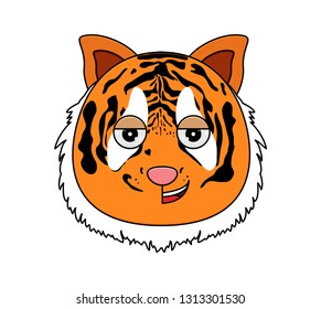 Head of tiger in cartoon style. Vector illustration. Woodland animal head icon. Laughter emoji. Happy emotion.