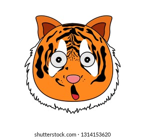 Head of tiger in cartoon style. Vector illustration. Woodland animal head icon. Amazed tiger. Tiger emotional head.