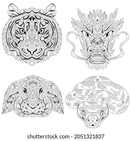 Head of tiger, dragon, rabbit and snake heads. Zentangle styled for t-shirt design, tattoo and other decorations