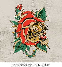 head tiger fangs with red rose flower