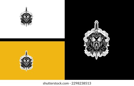 head tiger and fangs vector line art design